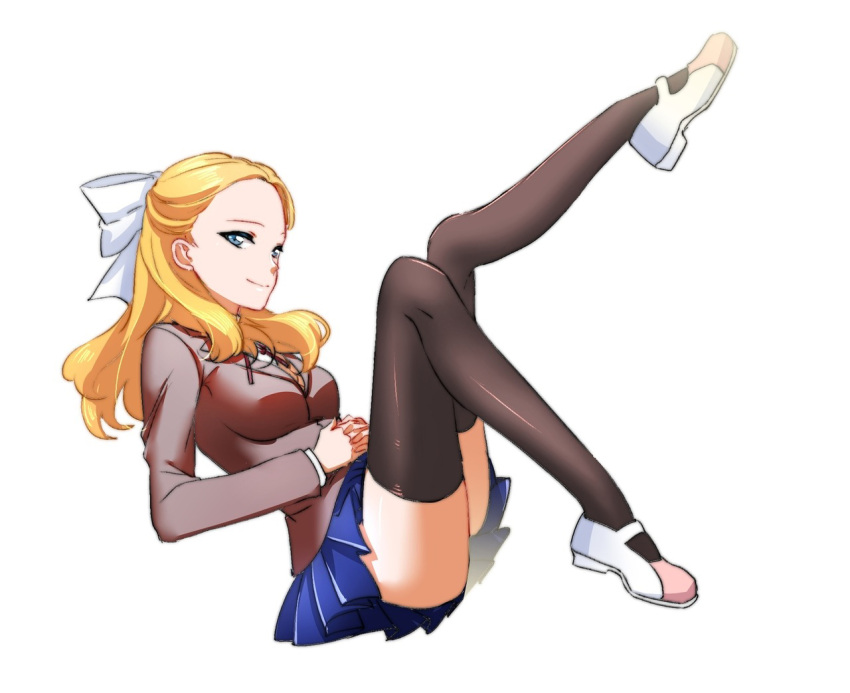 1girl black_legwear blazer blonde_hair blue_eyes blue_skirt bow breasts closed_mouth code_lyoko floating_hair from_side full_body hair_bow interlocked_fingers jacket laura_gauthier leg_up long_hair long_sleeves medium_breasts miniskirt morihaw neck_ribbon plaid plaid_skirt ribbon school_uniform shiny shiny_clothes shiny_hair shiny_legwear simple_background skirt smile solo thigh-highs white_background white_bow white_footwear zettai_ryouiki