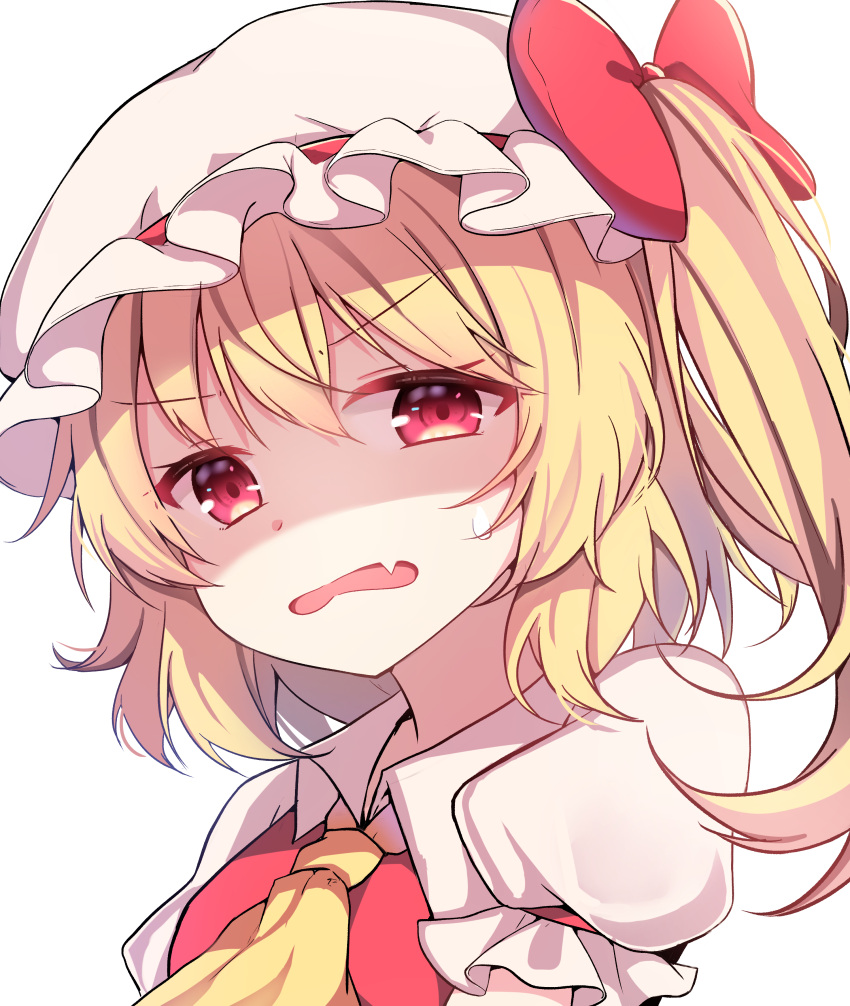 1girl absurdres ascot bangs blonde_hair bow commentary eyebrows_visible_through_hair fang flandre_scarlet frilled_sleeves frills hair_between_eyes hanen_(borry) hat highres long_hair looking_at_viewer mob_cap one_side_up open_mouth puffy_short_sleeves puffy_sleeves red_bow red_eyes red_vest shaded_face shirt short_sleeves side_ponytail simple_background solo sweatdrop touhou upper_body vest white_background white_headwear white_shirt yellow_neckwear