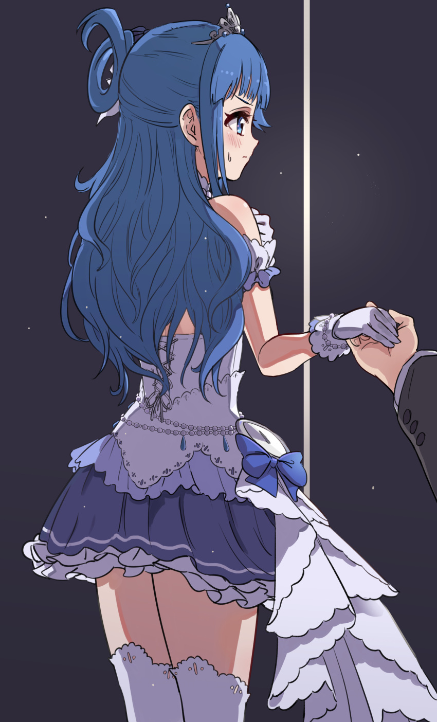 1boy 1girl absurdres asari_nanami bangs blue_bow blue_eyes blue_hair blue_skirt blush bow closed_mouth commentary_request eyebrows_visible_through_hair frilled_skirt frills gloves hair_rings highres holding_hands idolmaster idolmaster_cinderella_girls long_hair long_sleeves out_of_frame pizzasi pleated_skirt profile skirt solo_focus sweat thigh-highs tiara very_long_hair white_gloves white_legwear