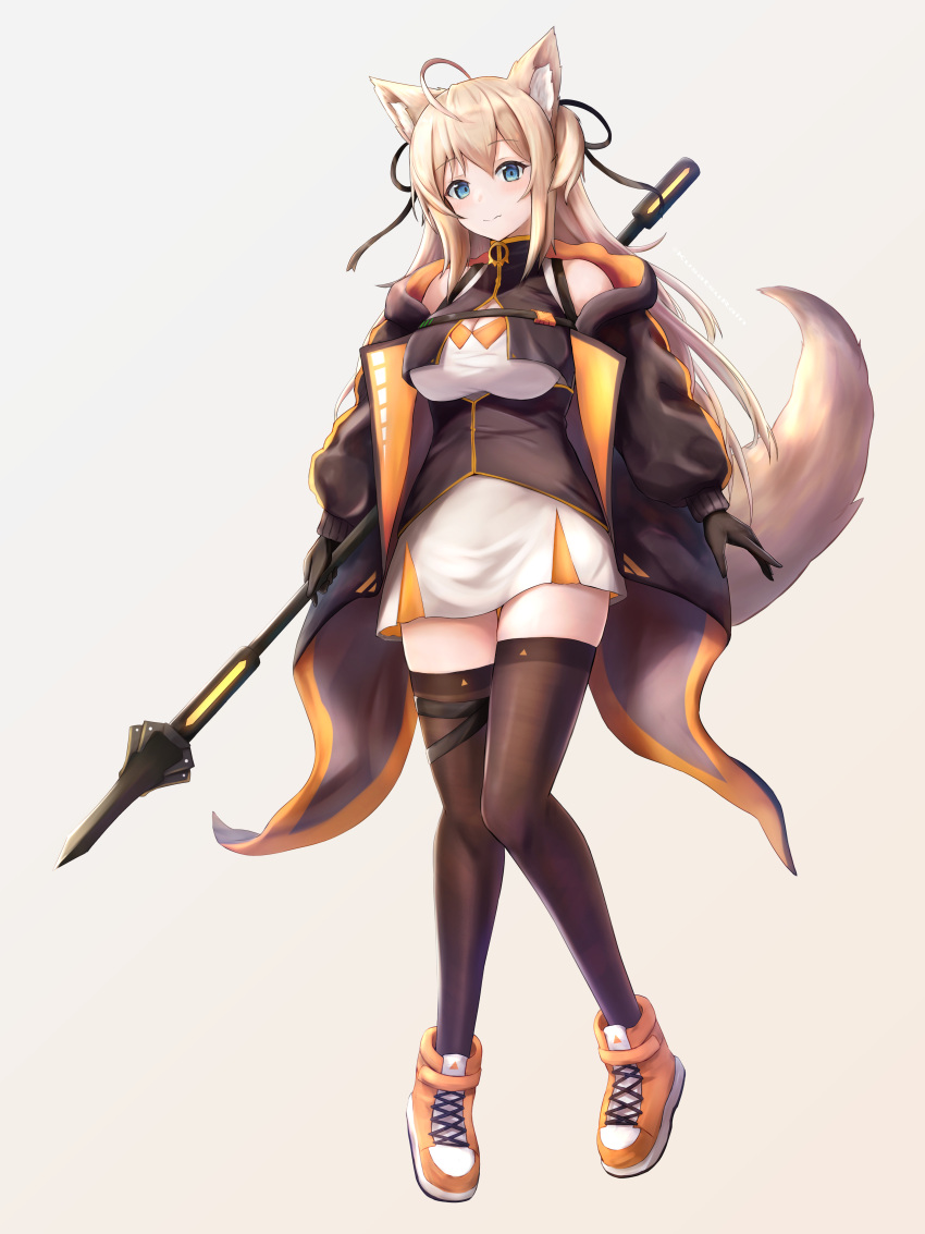 1girl absurdres ahoge amano_kusatsu animal_ears arms_at_sides bangs bare_shoulders black_jacket black_legwear black_ribbon blonde_hair closed_mouth commentary_request dress elbow_gloves fox_ears fox_girl fox_tail framed_breasts full_body gloves hair_ribbon high_collar highres holding holding_weapon jacket light_blush looking_at_viewer off-shoulder_jacket original ribbon shoes sleeveless sleeveless_dress smile sneakers solo strapless strapless_dress tail thigh-highs tube_dress two_side_up underbust weapon white_dress zettai_ryouiki