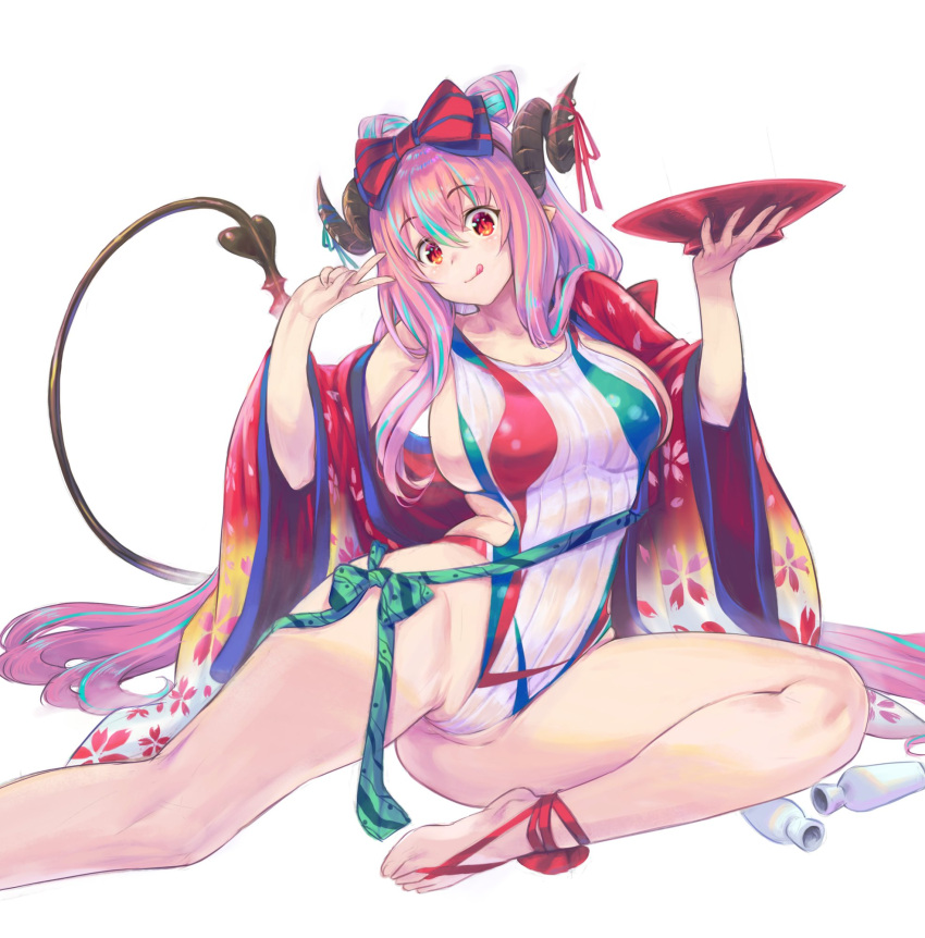 1girl blue_hair breasts commentary_request cup demon_girl demon_horns demon_tail floral_print gradient_kimono highleg highleg_swimsuit highres horns japanese_clothes kimono kiyama_satoshi large_breasts long_hair looking_at_viewer multicolored multicolored_clothes multicolored_hair multicolored_swimsuit nakajima_pepero original pink_hair pointy_ears red_eyes red_kimono red_ribbon ribbed_swimsuit ribbon sakazuki saucer sideboob simple_background sitting solo streaked_hair swimsuit tail tokkuri v virtual_youtuber white_background white_swimsuit yokozuwari