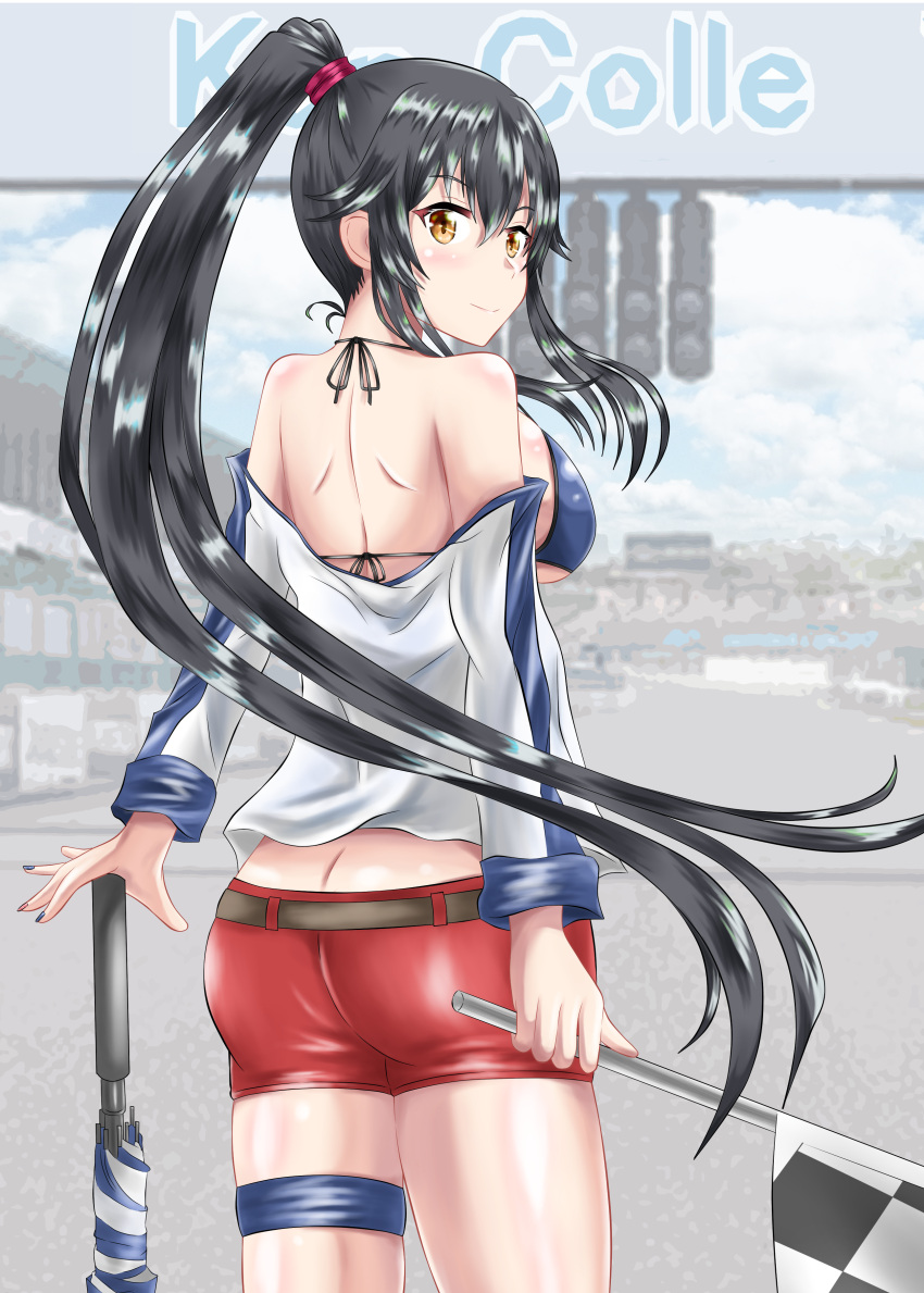 1girl absurdres alternate_costume ass bikini bikini_top black_hair blue_bikini breasts brown_eyes from_behind highres jacket kantai_collection large_breasts long_hair long_sleeves nipa_(graf_xsr900) off_shoulder open_clothes open_jacket ponytail racequeen red_shorts short_shorts shorts sidelocks solo standing swimsuit thigh_strap very_long_hair white_jacket yahagi_(kancolle)