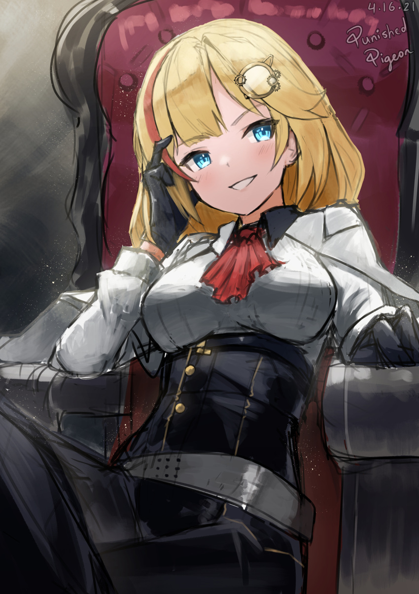 1girl absurdres artist_name blonde_hair blue_eyes breasts chair dated english_commentary eyebrows_visible_through_hair gear_hair_ornament hair_ornament highres hololive hololive_english monocle_hair_ornament punished_pigeon sitting smile teeth virtual_youtuber watson_amelia