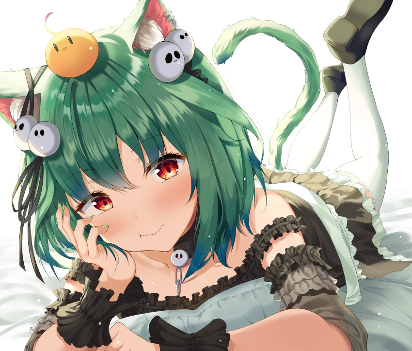 1girl :t absurdres animal_ears bangs bed_sheet bird blush breasts cat_ears cat_tail chick collarbone commentary_request dress eyebrows_visible_through_hair fang frilled_dress frills gothic_lolita green_hair hair_ornament hair_ribbon highres hololive kimae legs_up loafers lolita_fashion looking_at_viewer lying medium_hair on_stomach red_eyes ribbon shoes sidelocks simple_background skull_collar skull_hair_ornament small_breasts smile solo tail the_pose thigh-highs uruha_rushia virtual_youtuber white_background white_legwear