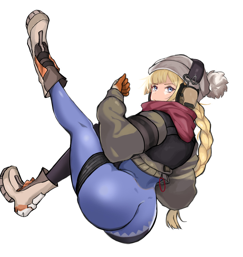 1girl absurdres ass back blonde_hair blue_eyes boots braid braided_ponytail brown_jacket closed_mouth eyebrows_visible_through_hair girls_frontline gloves grey_headwear headphones highres jacket leggings legs legs_up long_hair looking_at_viewer loveu orange_gloves red_scarf scarf solo spandex thighs vhs_(girls_frontline) white_background
