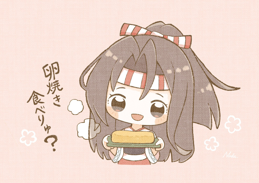 1girl bangs blush brown_hair chibi cropped_torso food hachimaki headband high_ponytail highres holding japanese_clothes kantai_collection long_hair muneate nada_namie omelet open_mouth pink_background ponytail signature simple_background solo tamagoyaki wide_sleeves zuihou_(kancolle)