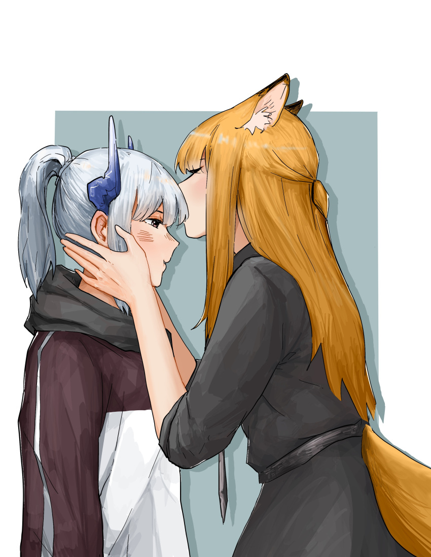 2girls absurdres animal_ear_fluff animal_ears arknights auxinouskii black_neckwear brown_eyes dragon_horns english_commentary forehead_kiss fox_ears fox_girl fox_tail franka_(arknights) grey_background grey_scarf hands_on_another's_face highres horns kiss light_blush liskarm_(arknights) long_hair multiple_girls necktie orange_hair ponytail scarf shadow sidelocks silver_hair sweater tail tail_through_clothes two-tone_background white_background yuri