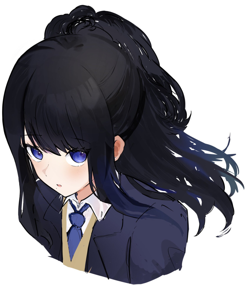 1girl bangs black_hair blue_eyes blue_jacket cropped_torso eyebrows_visible_through_hair from_above highres idolmaster idolmaster_shiny_colors jacket kazano_hiori looking_at_viewer looking_up necktie ponytail school_uniform sidelocks simple_background sketch solo upper_body white_background yori_(yayomofu_nano)