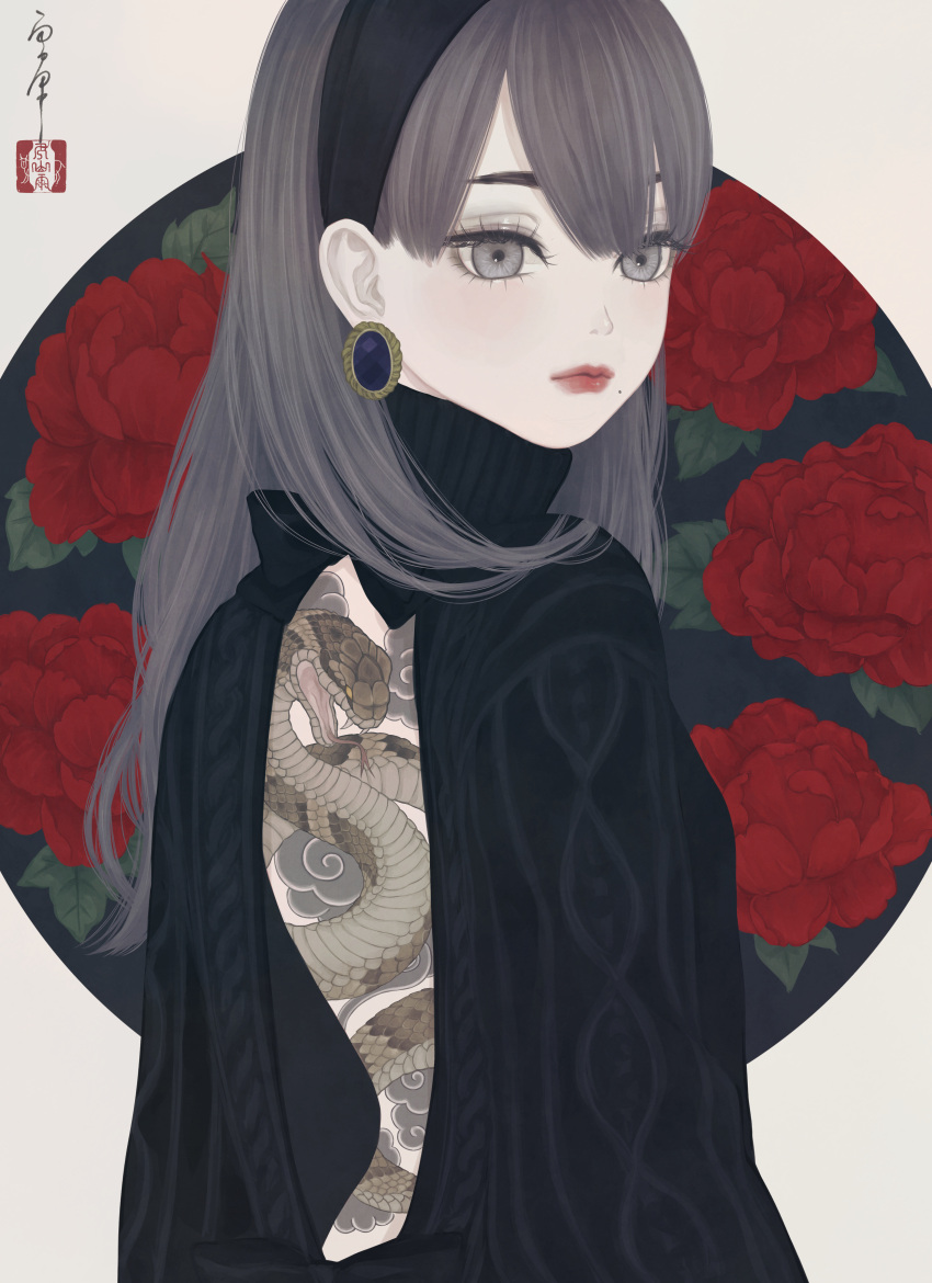 1girl absurdres back_tattoo backless_dress backless_outfit bangs blunt_bangs bow dress earrings flower grey_eyes grey_hair hairband highres jewelry long_hair mole mole_under_mouth original peony_(flower) snake sweater sweater_dress tattoo turtleneck ushiyama_ame