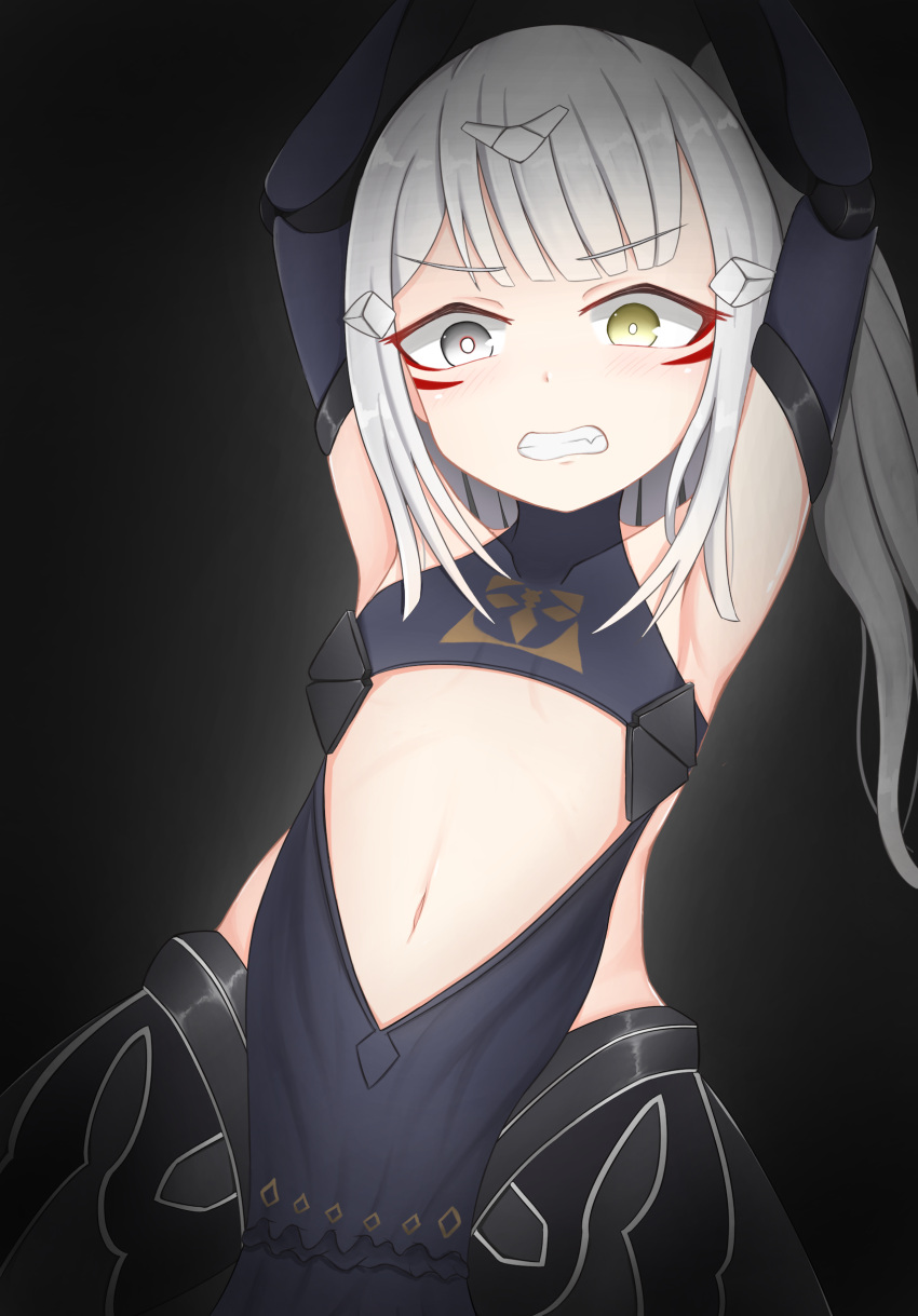 1girl absurdres armpits bangs blunt_bangs blush breasts collarbone eyebrows_visible_through_hair fang girls_frontline grey_eyes grin heterochromia highres huomao_(akcat) long_hair mechanical_arms narciss_(girls_frontline) navel paradeus pelvic_curtain restrained sidelocks silver_hair small_breasts smile solo yellow_eyes