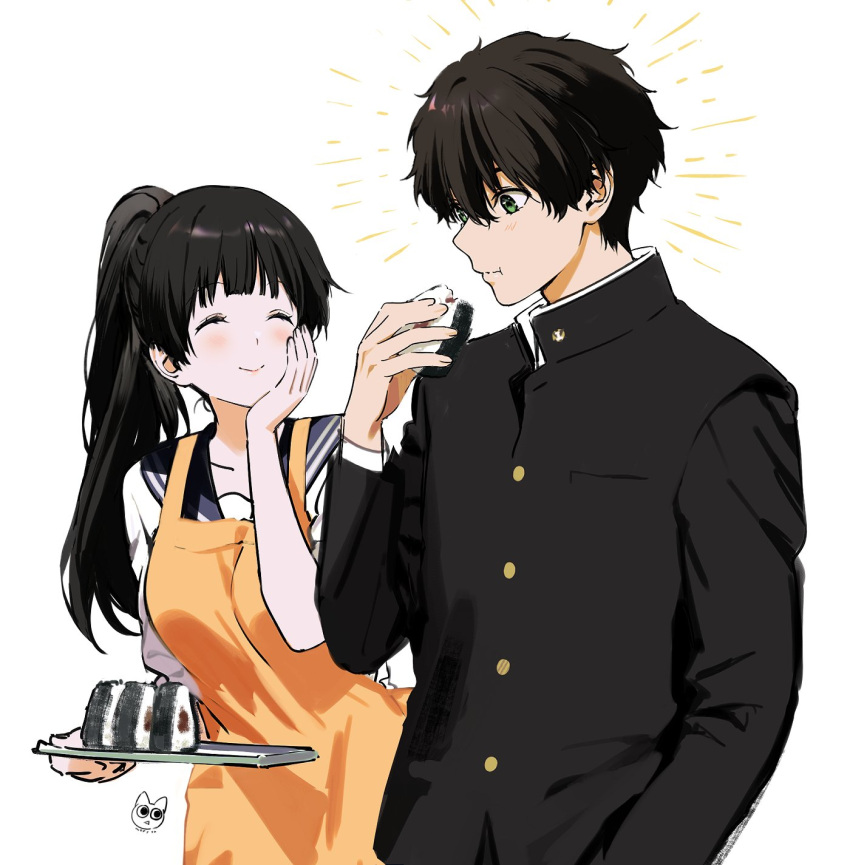 1boy 1girl alternate_hairstyle apron black_sailor_collar chitanda_eru closed_eyes couple cowboy_shot eating food gakuran green_eyes hands_on_own_chest hetero highres hyouka kamiyama_high_school_uniform long_hair mery_(yangmalgage) onigiri oreki_houtarou ponytail sailor_collar school_uniform simple_background sleeves_rolled_up smile upper_body white_background yellow_apron