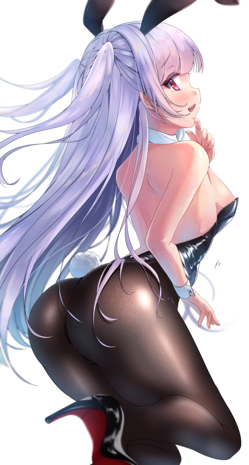 1girl ajax_(azur_lane) alternate_costume animal_ears ass azur_lane bare_shoulders black_footwear black_legwear blush breasts bunny_tail detached_collar eyebrows_visible_through_hair fake_animal_ears hair_ornament high_heels highres long_hair looking_at_viewer open_mouth pantyhose pink_eyes playboy_bunny poco. purple_hair rabbit_ears shoes small_breasts smile tail