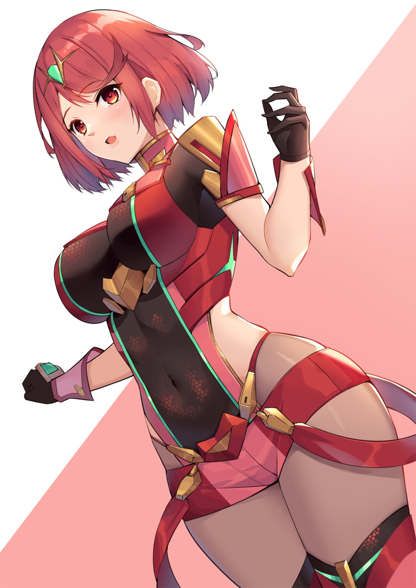 1girl bangs black_gloves black_legwear blush book breasts covered_navel cowboy_shot dutch_angle earrings eol_9 eyebrows_visible_through_hair fingerless_gloves gem gloves headpiece highres jewelry large_breasts looking_at_viewer open_mouth pyra_(xenoblade) red_eyes red_footwear redhead short_hair sidelocks simple_background solo strap swept_bangs thighs tiara xenoblade_chronicles_(series) xenoblade_chronicles_2