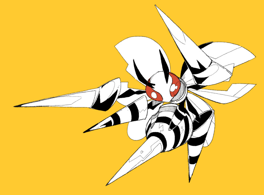 antennae beedrill full_body gen_1_pokemon ma_sakasama no_humans pokemon pokemon_(creature) red_eyes simple_background solo striped wasp wings yellow_background