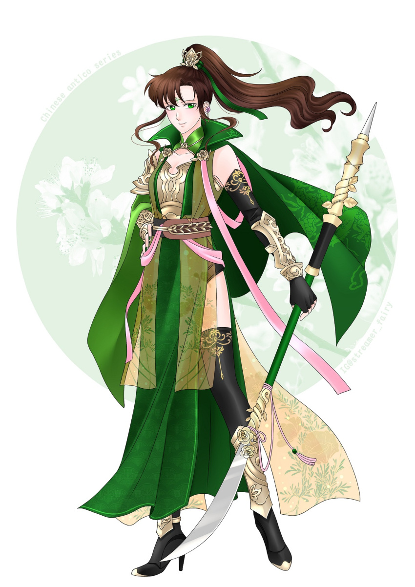 1girl androgynous armor bangs bishoujo_senshi_sailor_moon black_gloves black_legwear black_shorts breastplate brown_hair cape chinese_clothes closed_mouth collarbone fingerless_gloves floating_hair full_body gloves green_cape green_eyes green_ribbon hair_between_eyes hair_ribbon high_heels high_ponytail highres holding holding_spear holding_weapon kino_makoto koya long_hair polearm ribbon shiny shiny_hair short_shorts shorts smile solo spear standing thigh-highs very_long_hair weapon white_background