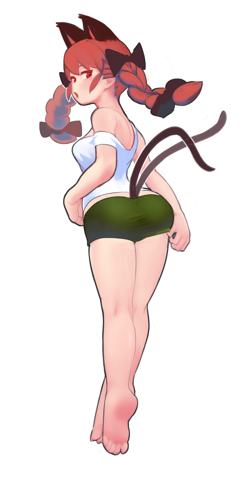 1girl absurdres animal_ears bare_shoulders barefoot black_bow bow braid cat_ears cat_tail extra_ears green_shorts hair_bow highres kaenbyou_rin long_hair multiple_tails red_eyes redhead serakawa shorts sleeveless solo tail tank_top touhou twin_braids white_tank_top