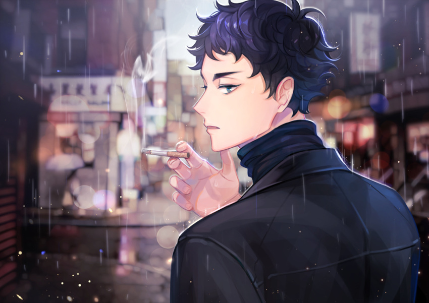 1boy akaashi_keiji bangs black_hair blue_eyes blurry cigarette from_behind haikyuu!! holding holding_cigarette lens_flare looking_at_viewer looking_back male_focus open_mouth outdoors profile rain ri_mumu short_hair smoke solo upper_body wet