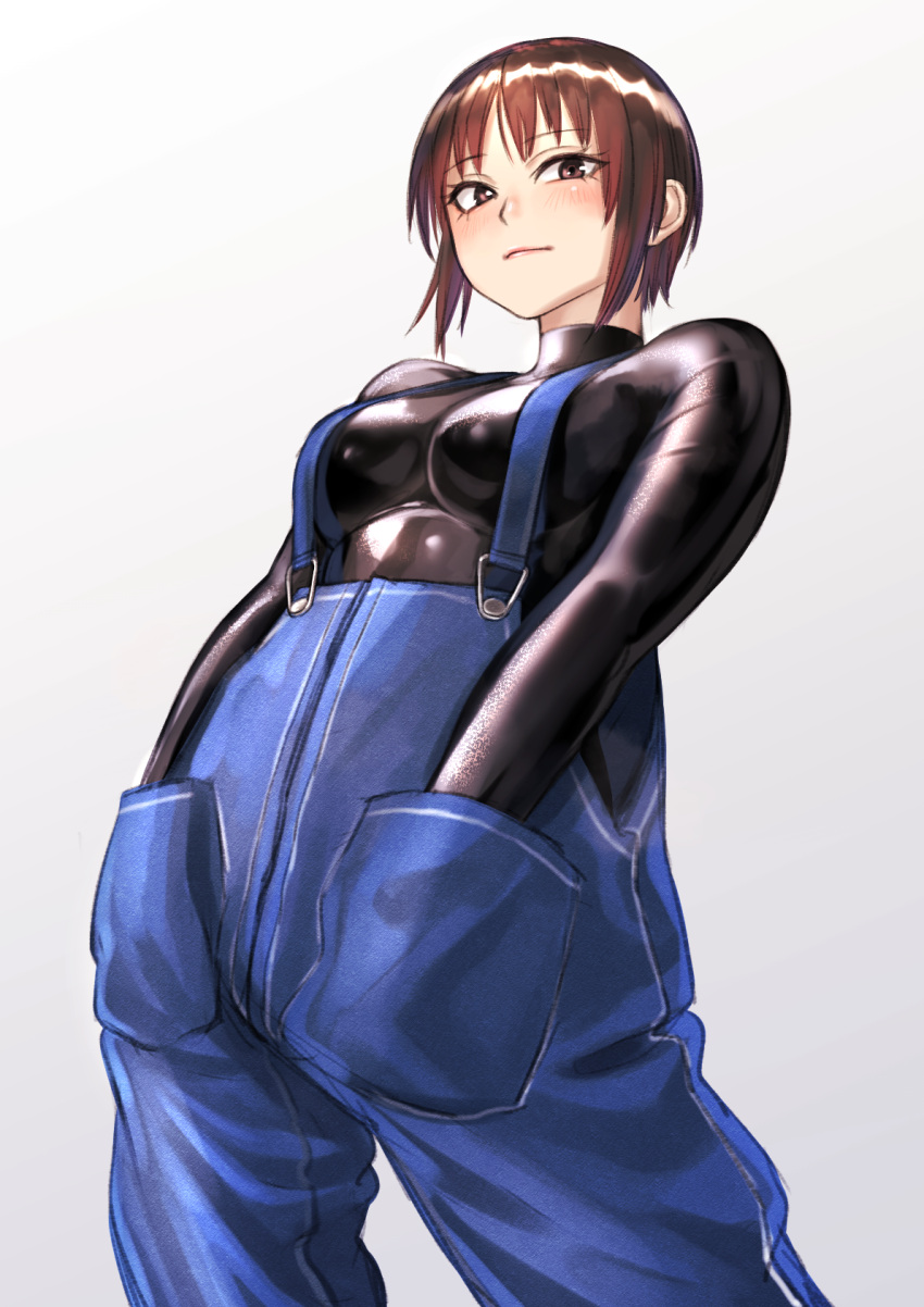 1girl blush bodysuit breasts brown_eyes brown_hair from_below hands_in_pockets highres kilye_4421 latex_bodysuit looking_at_viewer looking_down original overalls pale_skin short_hair sidelocks simple_background skin_tight solo