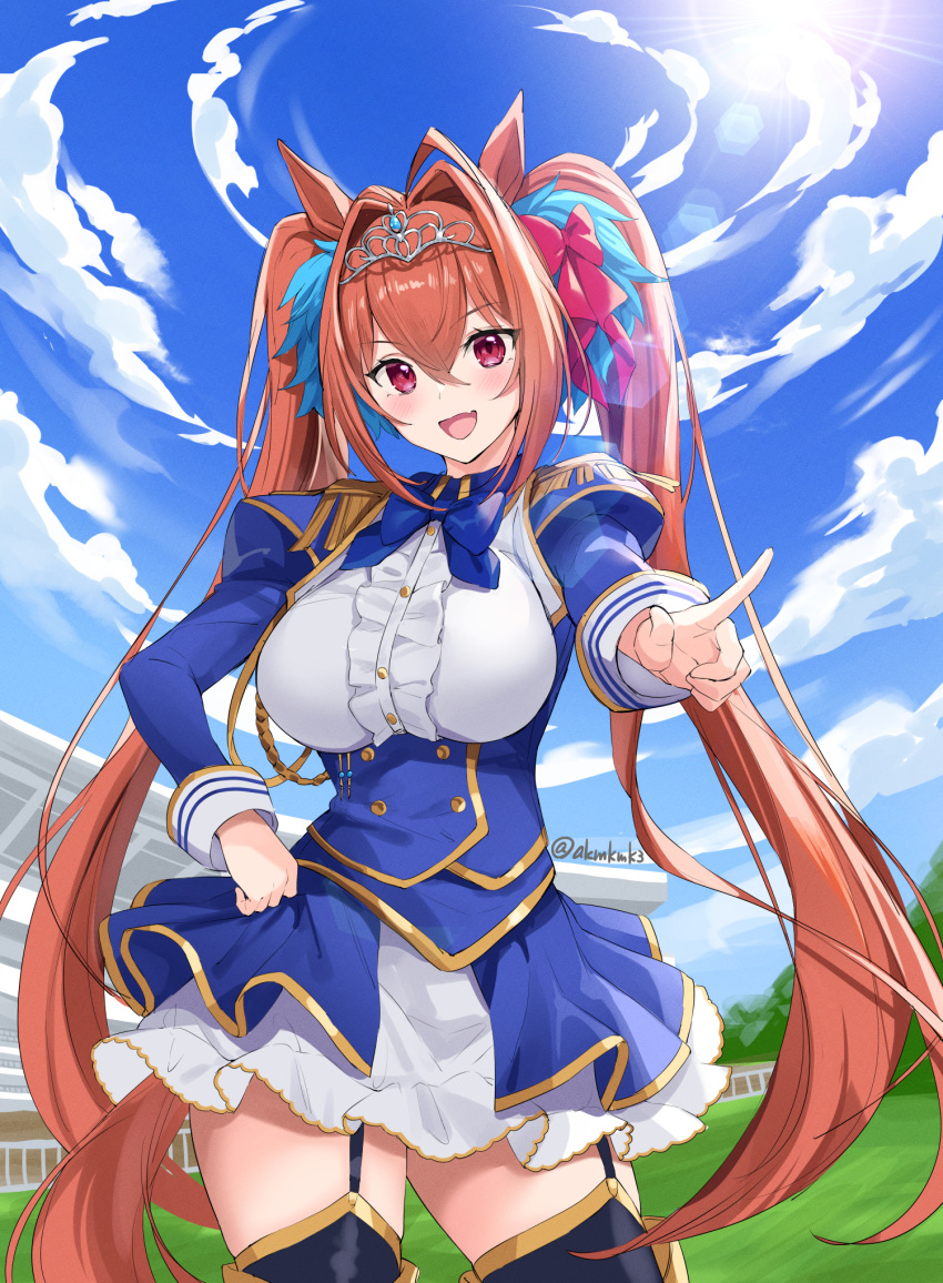 1girl :d ahoge black_garter_straps black_legwear blue_corset blue_jacket blue_neckwear blue_skirt blue_sky blush bow bowtie breasts brown_hair clouds commentary_request curcumin daiwa_scarlet_(umamusume) day fang grass hair_between_eyes hand_on_hip highres jacket juliet_sleeves large_breasts long_hair long_sleeves open_mouth outdoors pointing puffy_sleeves red_eyes shirt skirt sky smile solo thigh-highs twintails twitter_username umamusume very_long_hair white_shirt white_skirt zettai_ryouiki