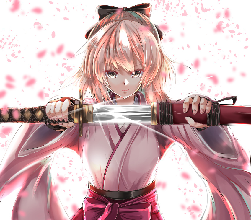 1girl absurdres black_bow blonde_hair bow drawing_sword fate/grand_order fate_(series) grey_eyes hair_bow hakama highres holding holding_sheath holding_sword holding_weapon japanese_clothes katana kentan_(kingtaiki) kimono okita_souji_(fate) okita_souji_(fate)_(all) pink_kimono red_hakama scabbard sheath solo sword unsheathing upper_body weapon wide_sleeves