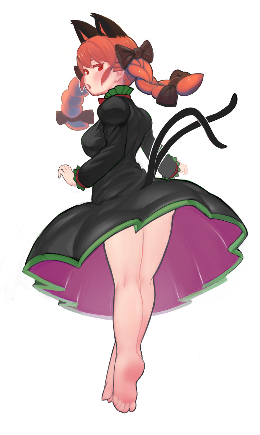 1girl absurdres animal_ears barefoot black_bow black_dress blush bow braid cat_ears cat_tail collar dress extra_ears fingernails frilled_collar frilled_sleeves frills full_body hair_bow highres kaenbyou_rin long_hair looking_at_viewer multiple_tails red_eyes redhead serakawa sharp_fingernails simple_background solo tail touhou twin_braids