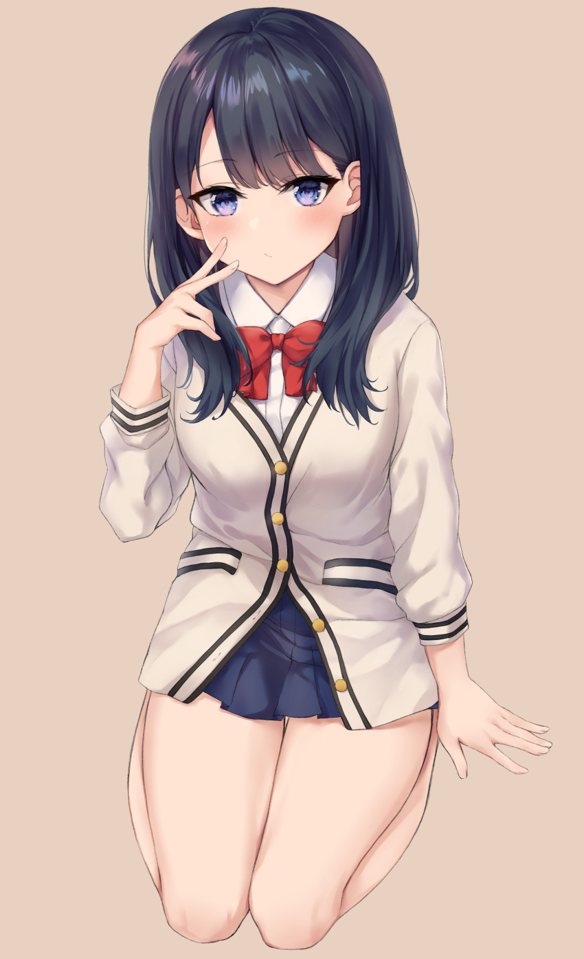 1girl absurdres arm_at_side bangs bare_legs black_hair blue_eyes blue_skirt blush bow bowtie cardigan closed_mouth commentary_request eyebrows_visible_through_hair full_body hand_up highres hosh long_hair long_sleeves looking_at_viewer miniskirt red_bow red_neckwear school_uniform seiza sitting skirt solo ssss.gridman takarada_rikka thigh_gap thighs v white_cardigan