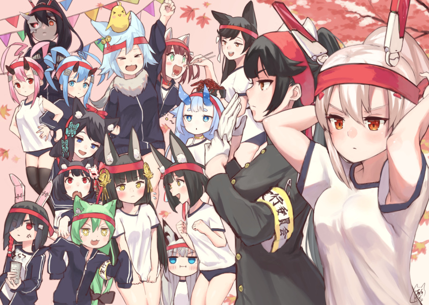 &gt;o&lt; +_+ 6+girls akashi_(azur_lane) akatsuki_(azur_lane) alternate_costume animal_ear_fluff animal_ears atago_(azur_lane) autumn_leaves ayanami_(azur_lane) azur_lane black_hair black_legwear black_shirt blue_eyes blue_jacket blush breasts brown_hair buruma cat_ears choker chopsticks fake_animal_ears feeding fubuki_(azur_lane) fur-trimmed_jacket fur_trim fusou_(azur_lane) gakuran gloves green_eyes green_hair grey_hair gym_uniform hair_between_eyes hair_over_one_eye half_gloves headband headgear highres horns i-13_(azur_lane) ikazuchi_(azur_lane) inazuma_(azur_lane) jacket kawakaze_(azur_lane) light_brown_hair long_hair long_sleeves looking_at_viewer manjuu_(azur_lane) mashiro_kta mask_over_one_eye medium_breasts multiple_girls mutsu_(azur_lane) nagato_(azur_lane) oni_horns pink_background pink_hair ponytail rabbit_ears red_choker red_eyes red_headband school_uniform shiranui_(azur_lane) shiratsuyu_(azur_lane) shirt short_hair short_sleeves signature simple_background sleeveless sleeveless_shirt takao_(azur_lane) thigh-highs white_gloves white_shirt yamashiro_(azur_lane) yellow_eyes