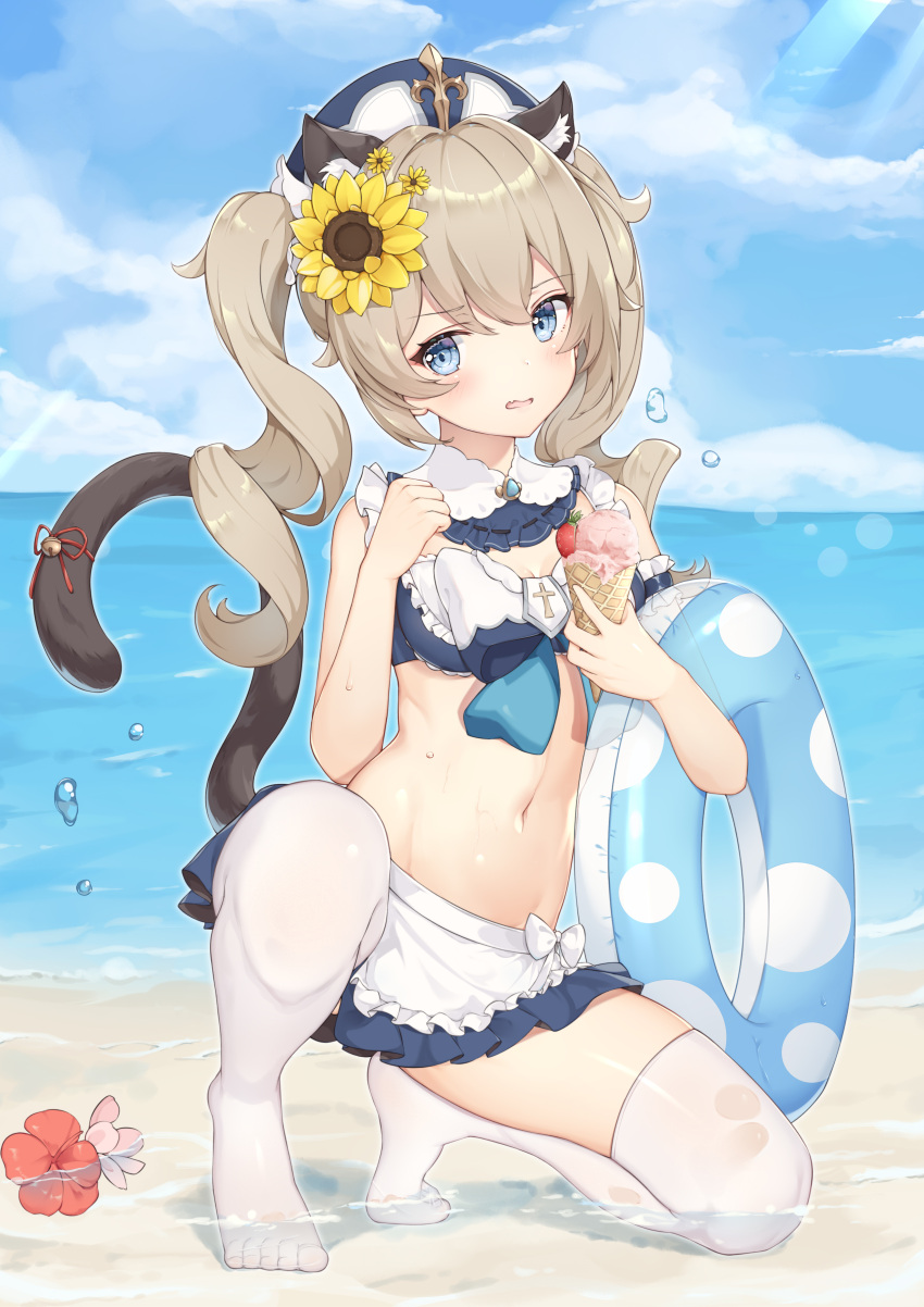 1girl absurdres adapted_costume animal_ears apron barbara_(genshin_impact) bare_arms bare_shoulders beach bikini blue_eyes blue_skirt breasts brown_hair cat_ears cat_girl cat_tail clouds cloudy_sky curly_hair day detached_collar fang flower food frills genshin_impact hat highres ice_cream innertube kemonomimi_mode kuroida long_hair looking_at_viewer midriff miniskirt navel ocean one_knee open_mouth outdoors pleated_skirt red_flower revision skirt sky small_breasts solo stomach sunlight swimsuit tail thigh-highs thighs twintails waist_apron wet white_headwear white_legwear zettai_ryouiki