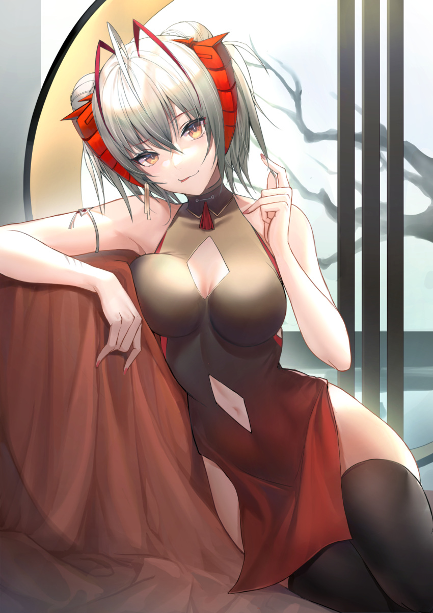 1girl :p ahoge alternate_costume antennae arknights bangs bare_arms bare_shoulders black_legwear breasts brown_eyes clothing_cutout commentary dress hair_between_eyes hand_up highres horns kernel_killer large_breasts looking_at_viewer navel navel_cutout short_dress short_hair silver_hair smile solo thigh-highs thighs tongue tongue_out w_(arknights)