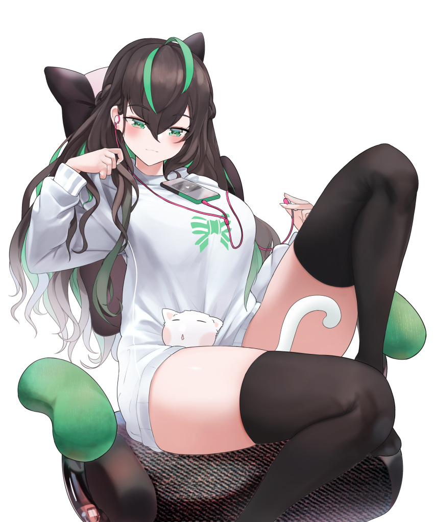 1girl absurdres antenna_hair bangs black_hair black_legwear breasts cat chair closed_mouth earphones earphones gaming_chair green_eyes green_hair hair_between_eyes highres holding in_chair jacket knee_up long_hair long_sleeves looking_at_viewer multicolored_hair nijisanji nijisanji_kr object_on_breast phone shin_yuya simple_background sitting solo symbol_commentary tawawa_challenge thigh-highs thighs two-tone_hair user_wndf7474 virtual_youtuber white_background white_jacket