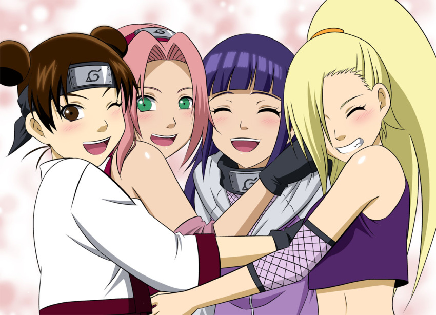 4girls :d black_gloves blonde_hair brown_eyes brown_hair closed_eyes crop_top double_bun fishnets fuchi_(nightmare) gloves green_eyes grin haruno_sakura headband hyuuga_hinata long_hair long_sleeves looking_at_viewer midriff multiple_girls naruto naruto_(series) open_mouth pink_hair purple_hair shiny shiny_hair shiny_skin short_hair smile stomach straight_hair tenten upper_body very_long_hair yamanaka_ino