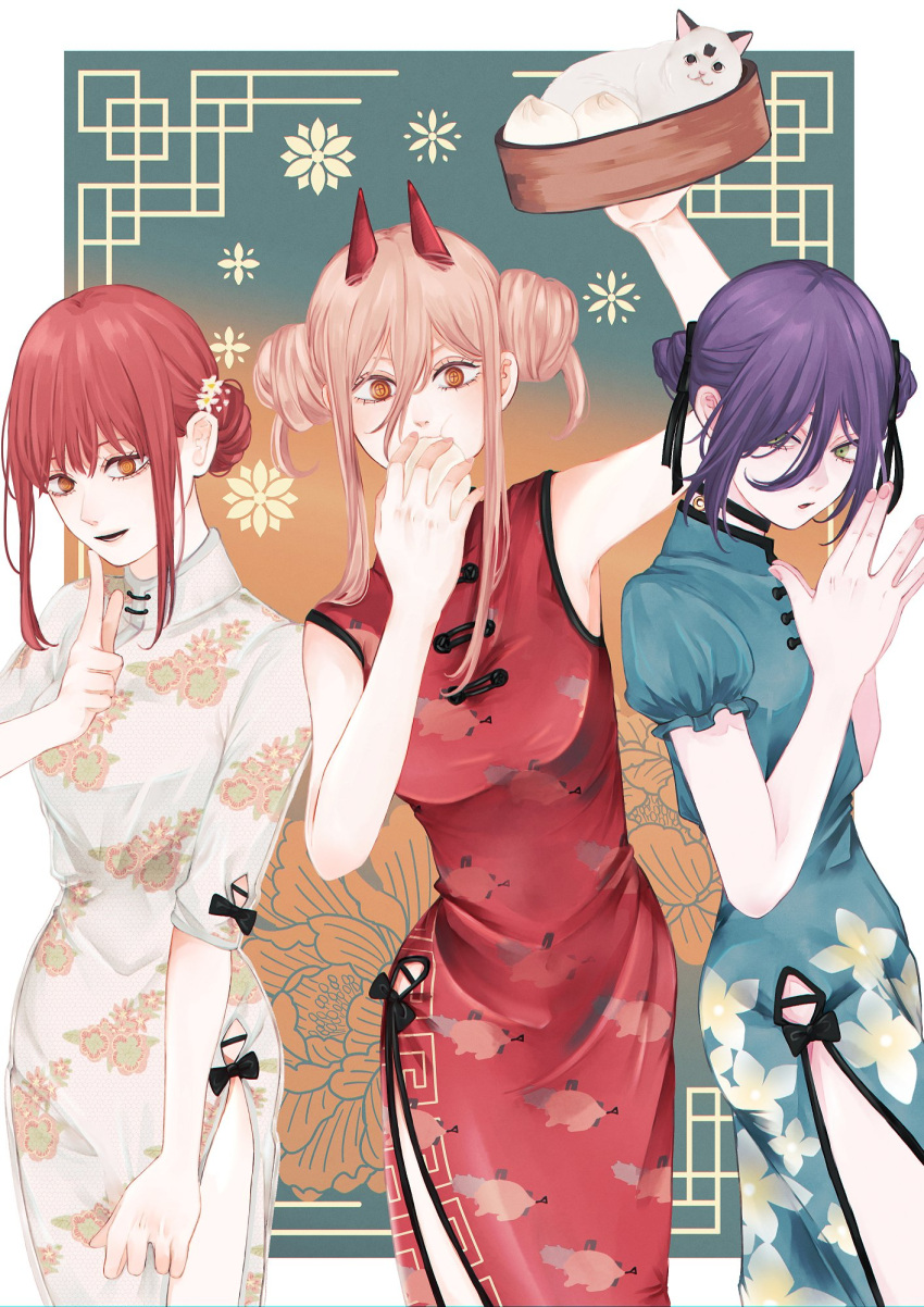 +_+ 3girls :t alternate_costume alternate_hairstyle baozi black_ribbon blue_dress blush breasts cat chainsaw_man china_dress chinese_clothes commentary cowboy_shot demon_horns double_bun dress eating eyelashes finger_to_own_chin flat_chest floral_background floral_print food green_eyes hair_between_eyes hair_bun hair_ribbon hands_together highres holding horns index_finger_raised looking_at_viewer makima_(chainsaw_man) medium_breasts medium_hair meowy_(chainsaw_man) multiple_girls open_mouth orange_eyes pink_hair power_(chainsaw_man) purple_hair red_dress redhead reze_(chainsaw_man) ribbon ringed_eyes short_hair short_sleeves side_slit sidelocks sleeveless sleeveless_dress smile symbol_commentary thighs toukaairab white_dress