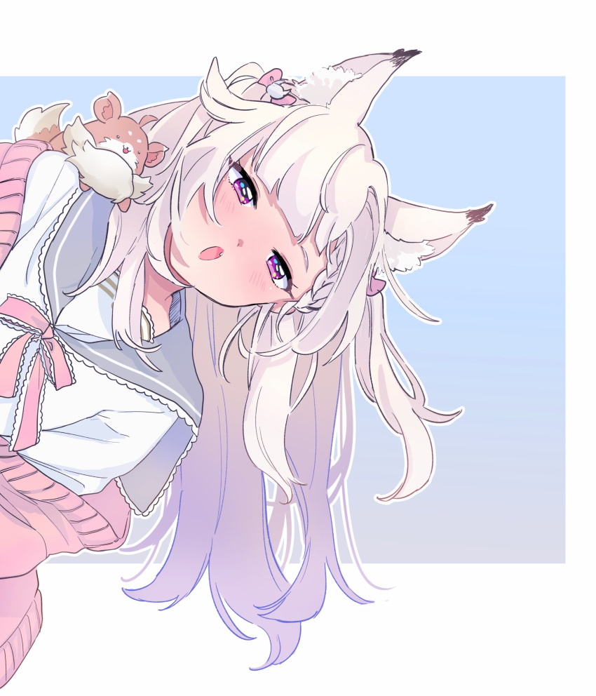 1girl :o animal animal_ear_fluff animal_ears animare blush bow cardigan fang hair_bow highres long_hair neckerchief off_shoulder pink_cardigan sailor_collar sailor_shirt shiromiya_mimi shirt virtual_youtuber white_hair yoo_(conjmy)