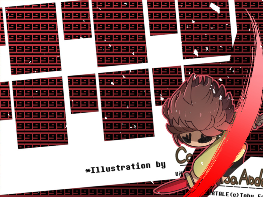 attack bangs black_background black_eyes black_shorts brown_hair chara_(undertale) cutting green_shirt holding holding_knife holding_weapon houten_(dre_a_mer) knife looking_down melting red_background shirt short_hair shorts undertale weapon white_background