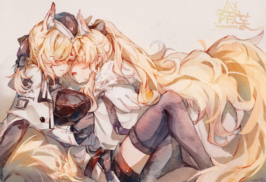 2girls absurdres animal_ears arknights artist_name aunt_and_niece black_bow black_headwear black_legwear black_ribbon blemishine_(arknights) blonde_hair blush bow chinese_commentary closed_eyes commentary_request face-to-face facing_another hair_bow hair_ribbon hat highres horse_ears horse_girl horse_tail incest long_hair long_sleeves moyu_marginal multiple_girls ponytail ribbon tail thigh-highs very_long_hair whislash_(arknights) yuri