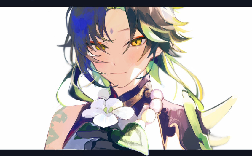 1boy arm_tattoo armor asymmetrical_clothes bangs bead_necklace beads black_gloves black_hair blush closed_mouth commentary_request diamond-shaped_pupils diamond_(shape) eyeshadow facial_mark flower forehead_mark genshin_impact gloves green_hair hair_over_one_eye highres holding holding_flower jewelry leaf long_hair looking_at_viewer makeup male_focus mamaladecat multicolored_hair necklace outside_border parted_bangs red_eyeshadow shoulder_armor shoulder_pads shoulder_spikes simple_background single_bare_shoulder slit_pupils smile solo spikes symbol-shaped_pupils tattoo two-tone_hair white_background white_flower xiao_(genshin_impact) yellow_eyes