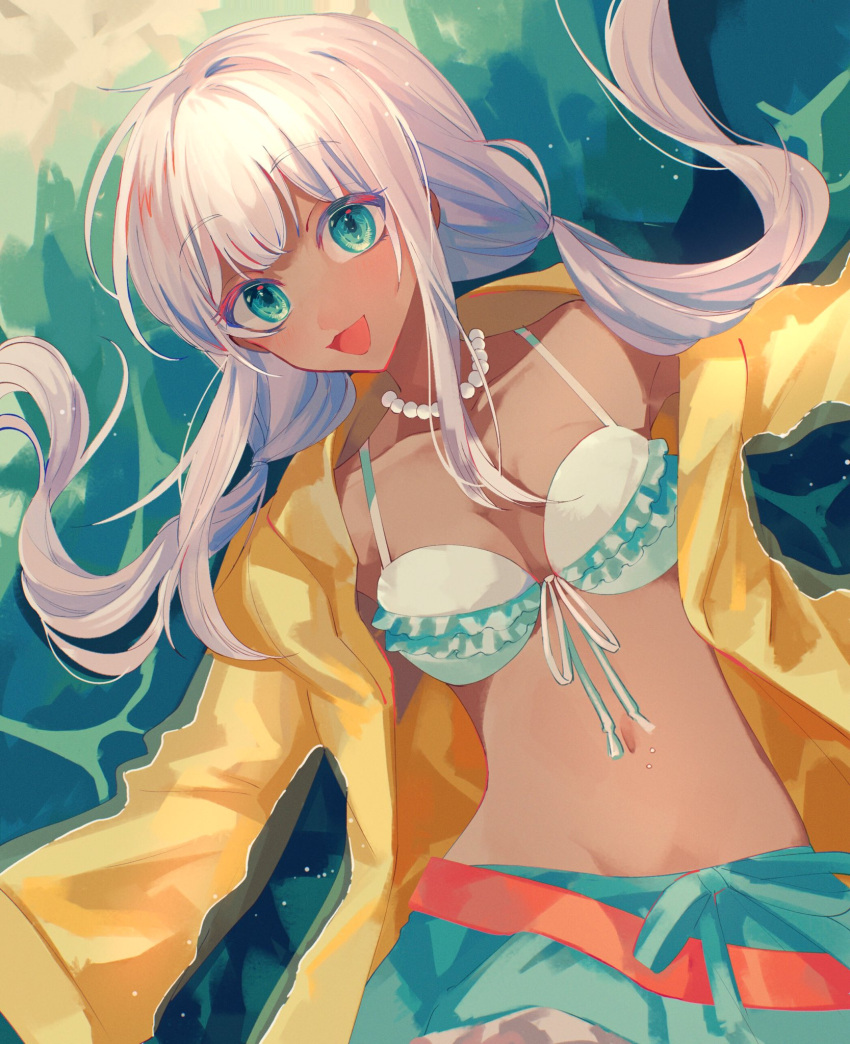 1girl :d aqua_eyes bangs bikini bikini_top blunt_bangs breasts collarbone commentary_request dangan_ronpa_(series) dangan_ronpa_v3:_killing_harmony dark_skin eyebrows_visible_through_hair frilled_bikini frilled_skirt frills front-tie_top ganguro highres jacket jewelry kozomezuki long_hair looking_at_viewer low_twintails lying navel necklace on_back open_clothes open_jacket open_mouth ribbon shell_necklace silver_hair skirt smile solo stomach swimsuit twintails yellow_jacket yonaga_angie