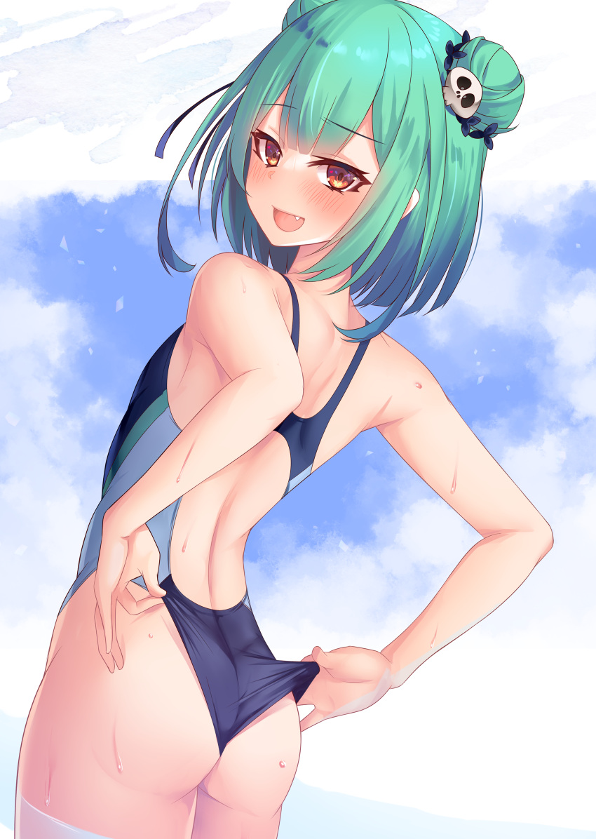1girl :d adjusting_clothes adjusting_swimsuit aqua_hair ass back back_cutout bare_arms bare_shoulders blue_swimsuit blush clothing_cutout clouds cloudy_sky commentary_request competition_swimsuit cowboy_shot day double_bun fang flat_chest from_behind hair_ornament highres hololive looking_at_viewer looking_back one-piece_swimsuit open_mouth outdoors red_eyes skull_hair_ornament sky smile sweat swimsuit uruha_rushia virtual_youtuber yoshiheihe
