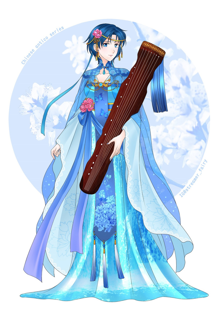 1girl bishoujo_senshi_sailor_moon blue_dress blue_eyes blue_hair blue_ribbon chinese_clothes closed_mouth collarbone dress flower full_body gem hair_flower hair_ornament hair_ribbon highres holding holding_instrument instrument koya long_dress long_sleeves looking_at_viewer mizuno_ami pink_flower ribbon shiny shiny_hair short_hair smile solo standing white_background wide_sleeves