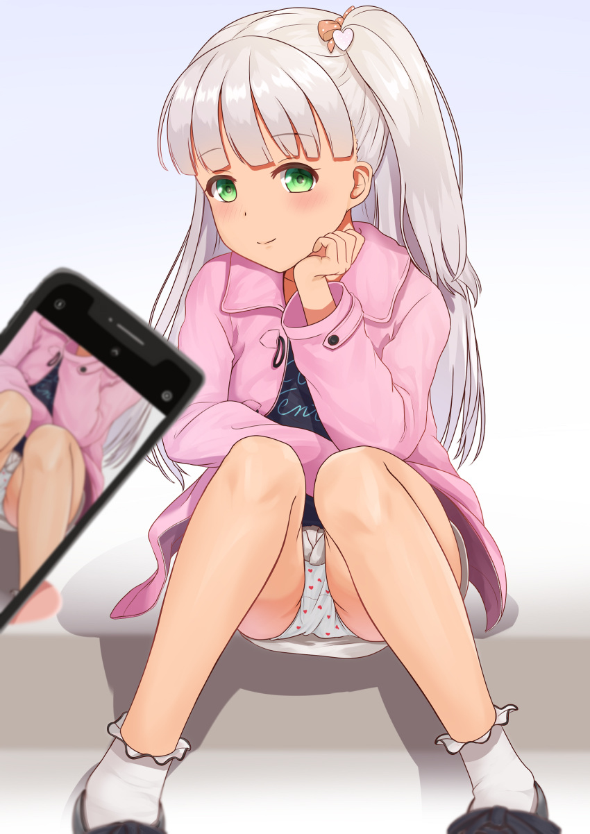 1girl black_footwear blush cellphone closed_mouth clothes_writing eyebrows_visible_through_hair green_eyes heart heart_print highres jacket kantai_collection long_hair long_sleeves maestrale_(kancolle) one_side_up panties phone phone_screen pink_jacket silver_hair smartphone smile socks solo underwear white_legwear white_panties zuki