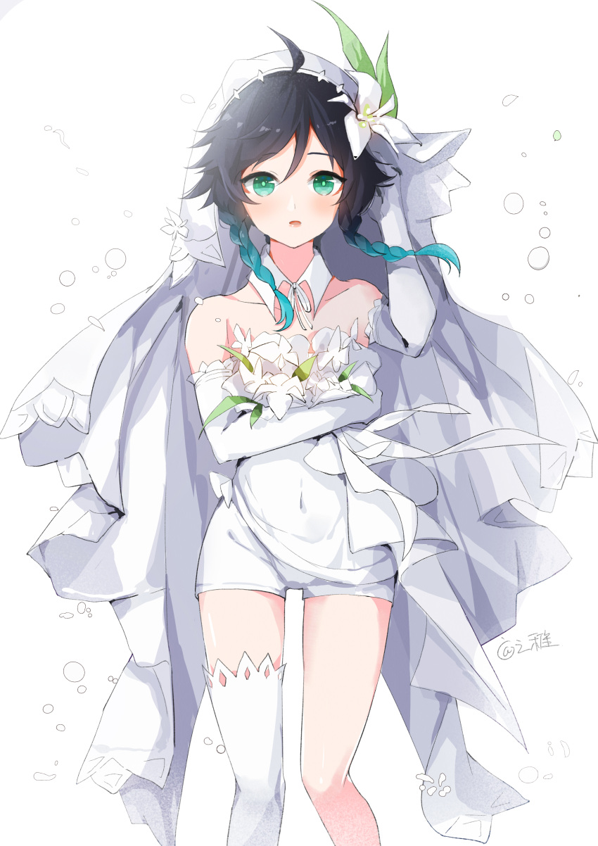 1boy absurdres ahoge alternate_costume androgynous bangs bare_shoulders black_hair blue_hair blush bouquet braid bridal_veil covered_navel detached_collar elbow_gloves eyebrows_visible_through_hair flower frilled_gloves frills genshin_impact gloves gradient_hair green_eyes hair_flower hair_ornament highres holding holding_bouquet hood hood_up leaf looking_at_viewer male_focus multicolored_hair open_mouth short_hair_with_long_locks shorts simple_background single_thighhigh sleeveless solo thigh-highs tongzhiz twin_braids veil venti_(genshin_impact) white_background white_flower white_legwear white_shorts wing_collar