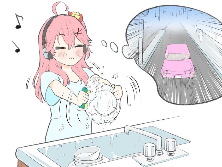 1girl :3 absurdres ahoge bell car dishwashing ground_vehicle hair_bell hair_ornament headphones highres hololive imagining long_hair motor_vehicle pink_hair plate sakura_miko shiraishi sink speed_lines sponge thought_bubble virtual_youtuber