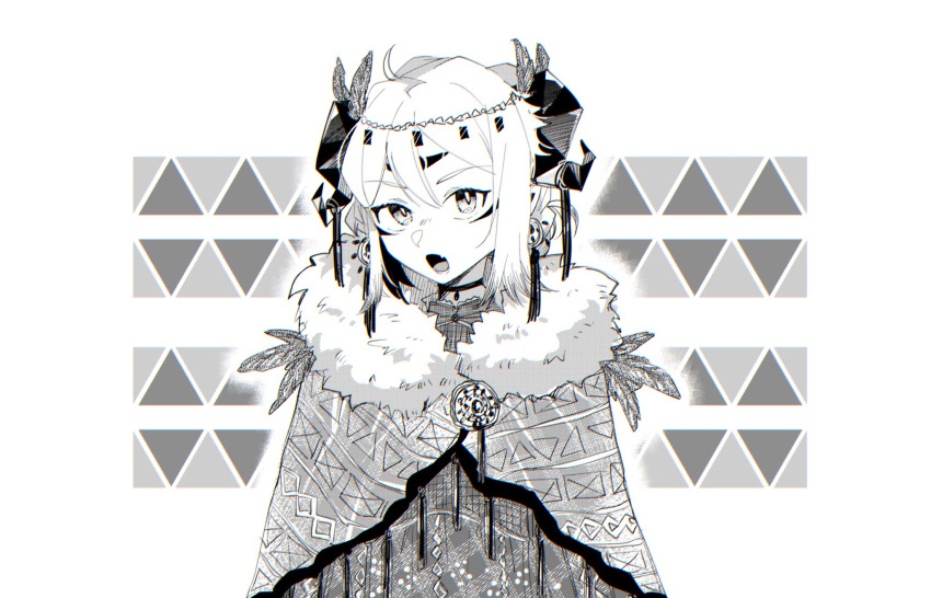 1girl ahoge alternate_costume arknights cape choker circlet earrings facial_mark fang feather_trim forehead_mark fur-trimmed_cape fur_trim greyscale highres horns ifrit_(arknights) jewelry looking_at_viewer miyachi_(tanya_visha) monochrome pointy_ears solo tassel upper_body v-shaped_eyebrows