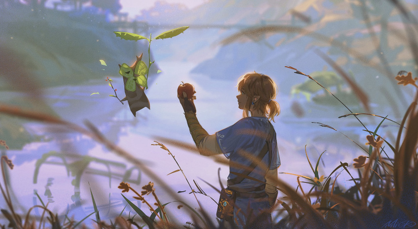 1boy alzi_xiaomi apple bangs blonde_hair blue_shirt blurry blurry_background bridge brown_gloves earrings fingerless_gloves food from_side fruit gloves grass hand_up highres holding jewelry korok link long_sleeves outdoors pointy_ears profile river sheikah_slate shirt short_hair short_ponytail the_legend_of_zelda the_legend_of_zelda:_breath_of_the_wild tunic