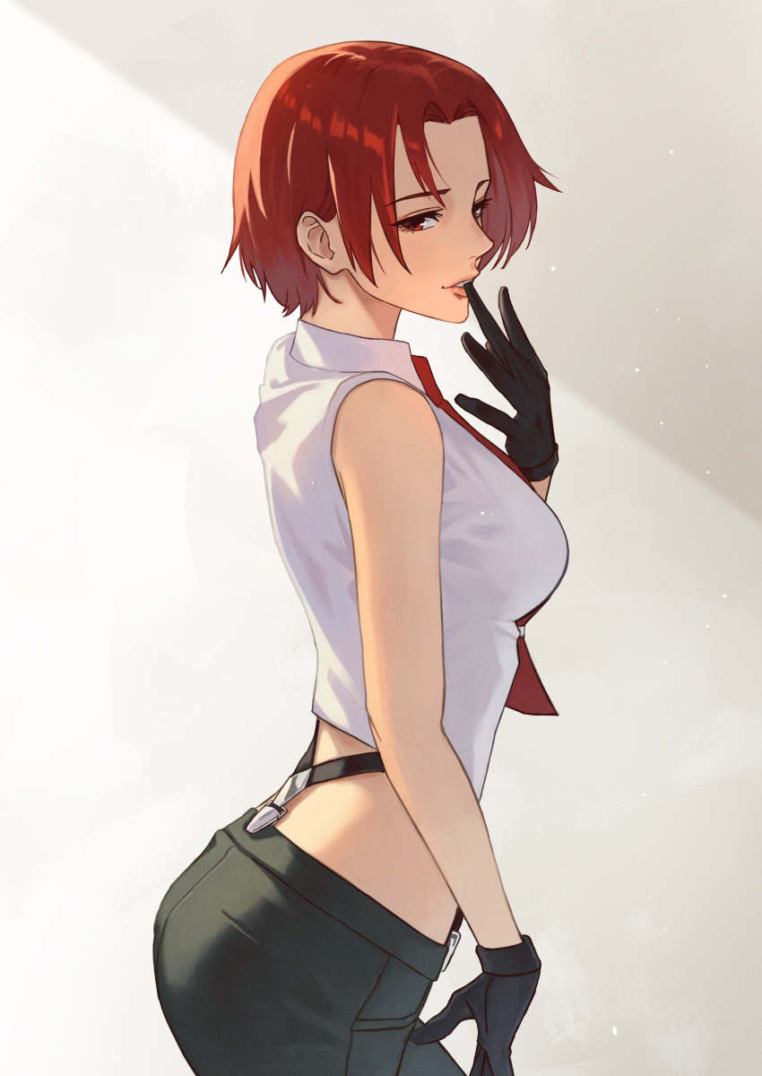 1girl absurdres ass bare_shoulders biting black_gloves glove_biting gloves hara_kenshi highres lipstick makeup mature_female midriff mouth_hold necktie redhead short_hair sleeveless snk solo suspenders the_king_of_fighters vanessa_(kof)