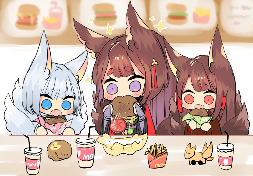 3girls akagi_(azur_lane) amagi_(azur_lane) animal_ears azur_lane bangs blue_eyes blunt_bangs blurry brown_hair commentary_request depth_of_field drinking_straw eating eyebrows_visible_through_hair fang food fox_ears fox_girl fox_tail french_fries hair_ornament hamburger highres holding japanese_clothes kaga_(azur_lane) kyuubi long_hair looking_at_viewer menu_board multiple_girls multiple_tails open_mouth putimaxi red_eyes sidelocks soft_drink sparkle tail thick_eyebrows toy violet_eyes white_hair wide_sleeves