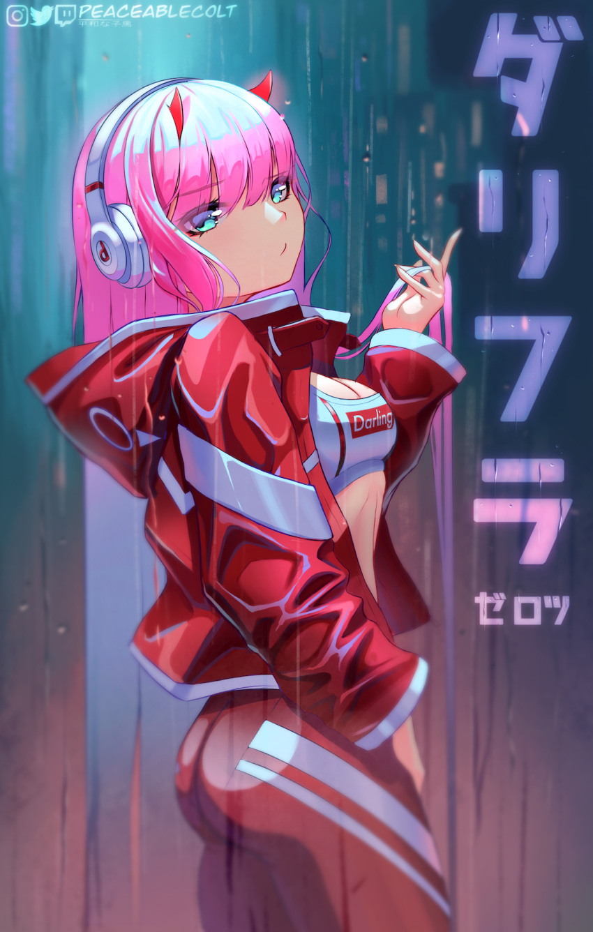 ass bangs blue_eyes darling_in_the_franxx eyes_visible_through_hair headphones highres horns jacket looking_at_viewer open_clothes open_jacket peaceablecolt pink_hair rain sports_bra zero_two_(darling_in_the_franxx)