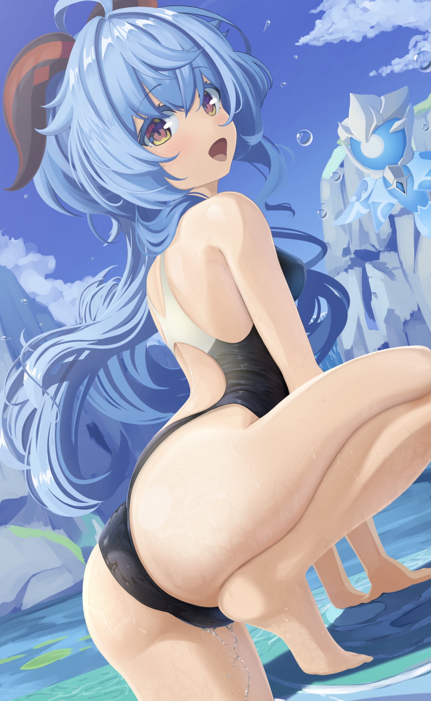 1girl absurdres ahoge ass bare_arms bare_shoulders barefoot blue_hair blue_sky breasts clouds competition_swimsuit day feet ganyu_(genshin_impact) genshin_impact highres horns leg_up long_hair looking_at_viewer looking_back one-piece_swimsuit open_mouth outdoors sky smile swimsuit takizawa_tarou water waterfall wet