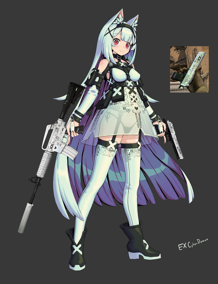 1girl animal_ears assault_rifle belt_pouch black_background black_footwear black_panties breasts choker closed_mouth counter_strike:_global_offensive desert_eagle dress full_body garter_belt garter_straps gun hairband handgun highres holding holding_weapon long_hair looking_at_viewer m4_carbine mcrc_science medium_breasts original panties pouch pubic_tattoo red_eyes reference_photo rifle see-through shoes short_dress side-tie_panties signature simple_background smile solo suppressor tattoo thigh-highs underwear very_long_hair weapon white_dress white_hair white_legwear