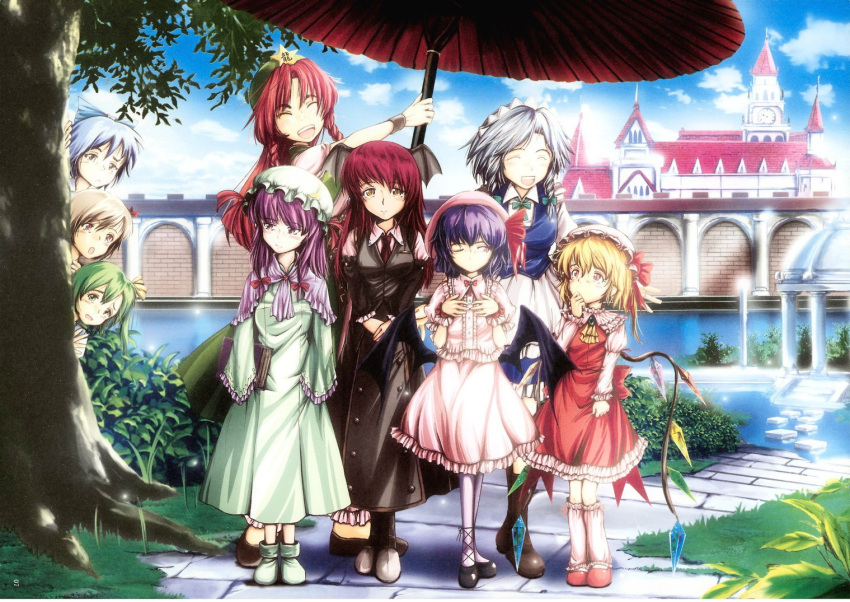 bat_wings black_dress blonde_hair blue_hair book braid cirno daiyousei dress flandre_scarlet green_hair head_wings hiding hong_meiling izayoi_sakuya koakuma loli maid oriental_umbrella patchouli_knowledge purple_hair redhead remilia_scarlet rumia silver_hair smile the_embodiment_of_scarlet_devil touhou tree umbrella wings yellow_eyes